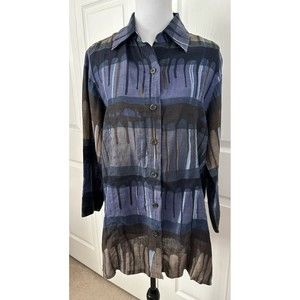Ellen Tracy Purple Striped 3/4 Sleeve Linen Button Up Collared Tunic Shirt 6 EUC